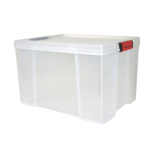 Boîte de rangement transparente avec couvercle et poignées rouges