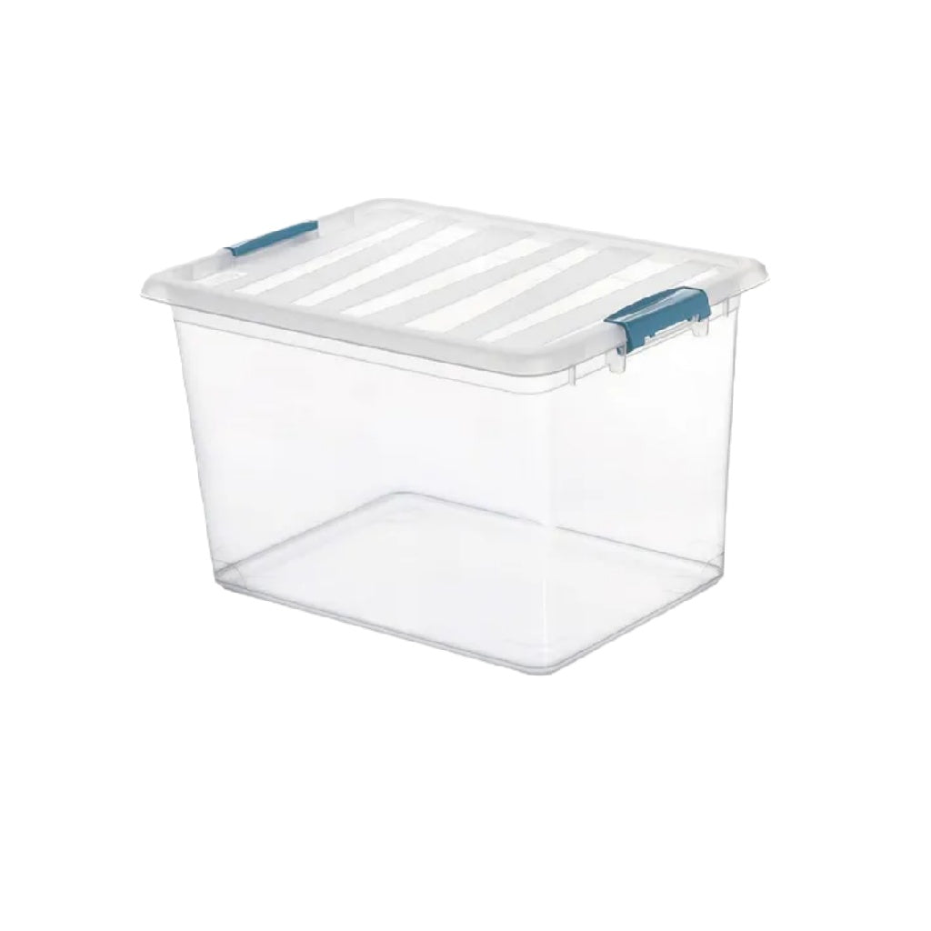 Boîte de rangement en plastique transparent avec couvercle et poignées bleues