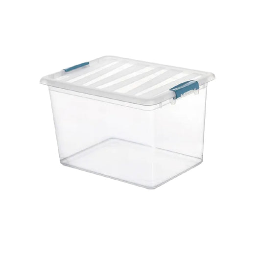 Boîte de rangement en plastique transparent avec couvercle et poignées bleues